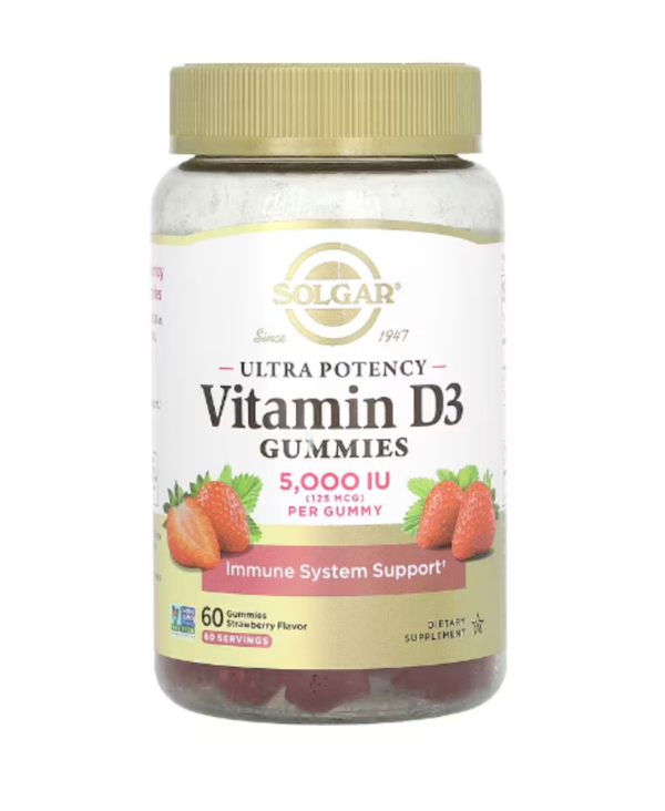 Solgar, Ultra Potency Vitamin D3 Gummies, Strawberry, 125 mcg (5,000 IU), 60 Gummies