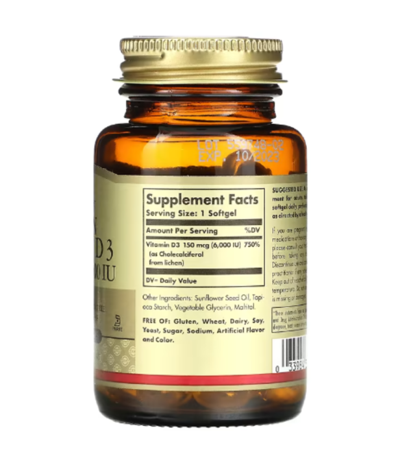 Solgar, Vegan Vitamin D3, 150 mcg / 6,000 IU, 100 Vegan Softgels