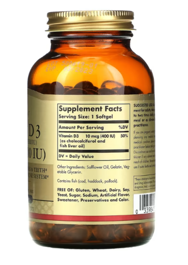 Solgar, Vitamin D3, 10 mcg (400 IU), 250 Softgels