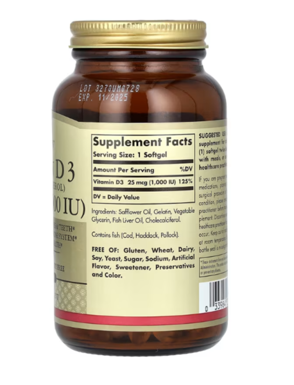 Solgar, Vitamin D3, 25 mcg (1,000 IU), 250 Softgels