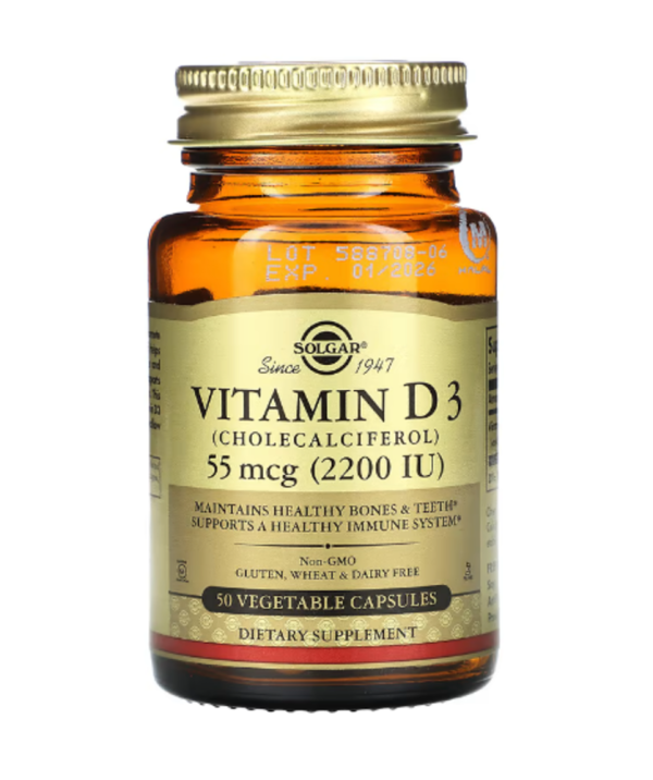 Solgar, Vitamin D3, 55 mcg (2,200 IU), 50 Vegetable Capsules