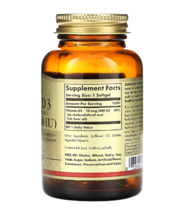 Solgar, Vitamin D3 (Cholecalciferol), 10 mcg (400 IU), 100 Softgels