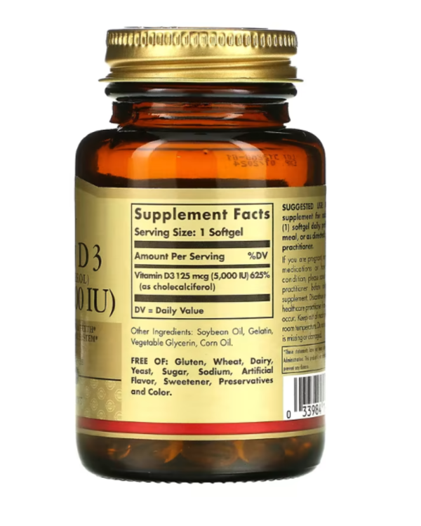 Solgar, Vitamin D3 (Cholecalciferol), 125 mcg (5,000 IU), 100 Softgels