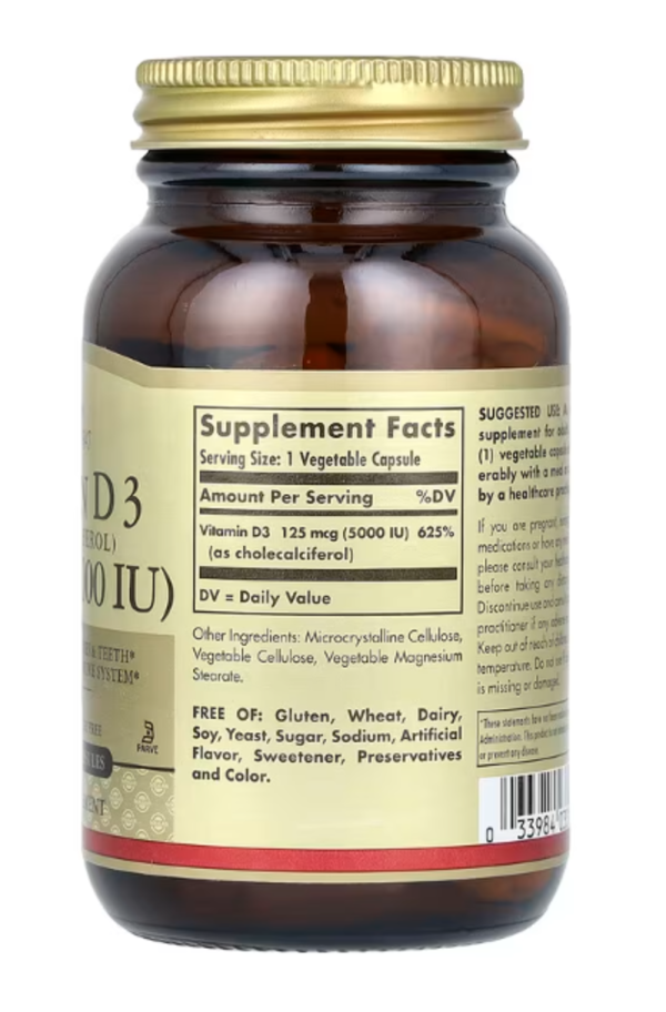 Solgar, Vitamin D3 (Cholecalciferol), 125 mcg (5000 IU), 120 Vegetable Capsules