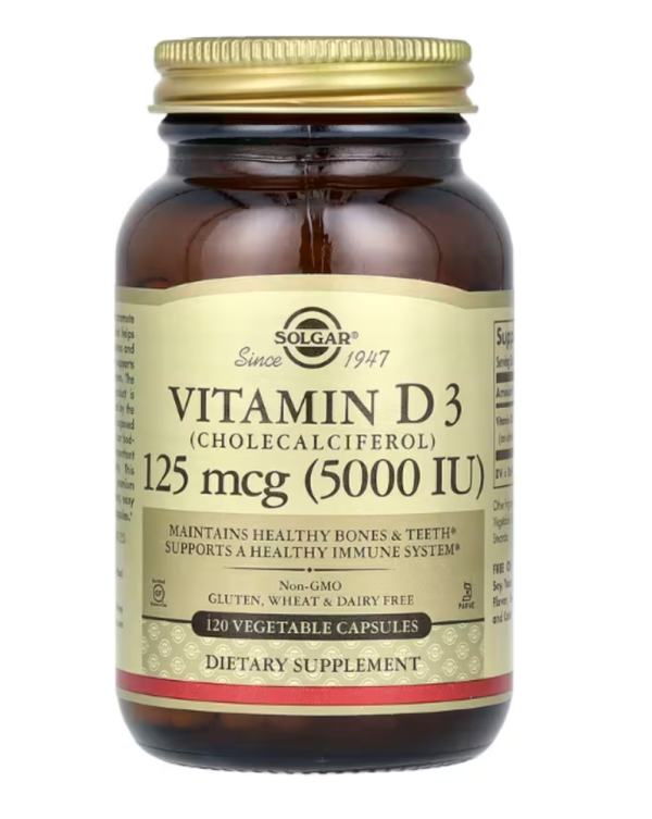 Solgar, Vitamin D3 (Cholecalciferol), 125 mcg (5000 IU), 120 Vegetable Capsules
