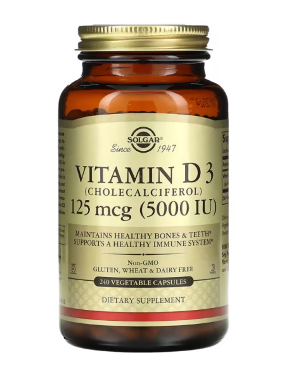 Solgar, Vitamin D3 (Cholecalciferol), 125 mcg (5,000 IU), 240 Vegetable Capsules