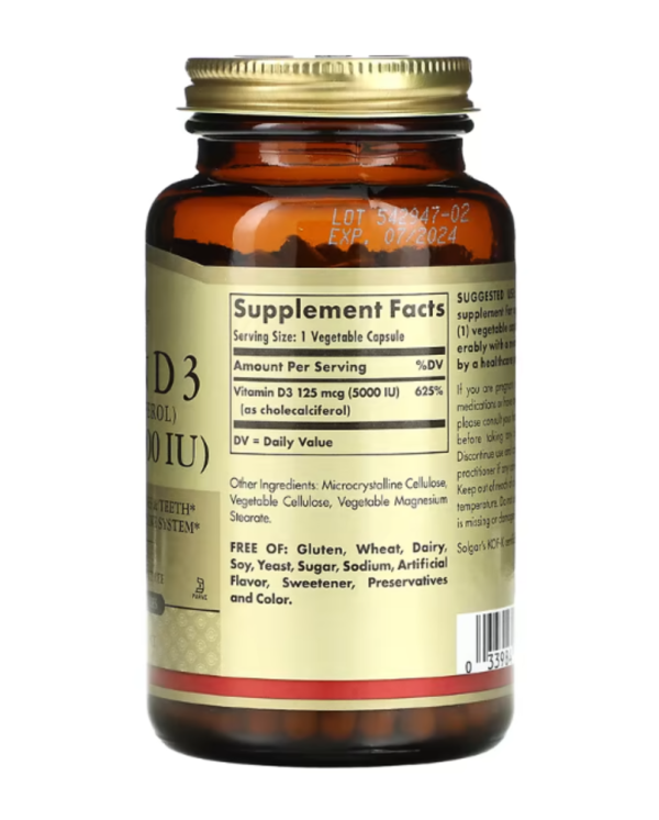 Solgar, Vitamin D3 (Cholecalciferol), 125 mcg (5,000 IU), 240 Vegetable Capsules