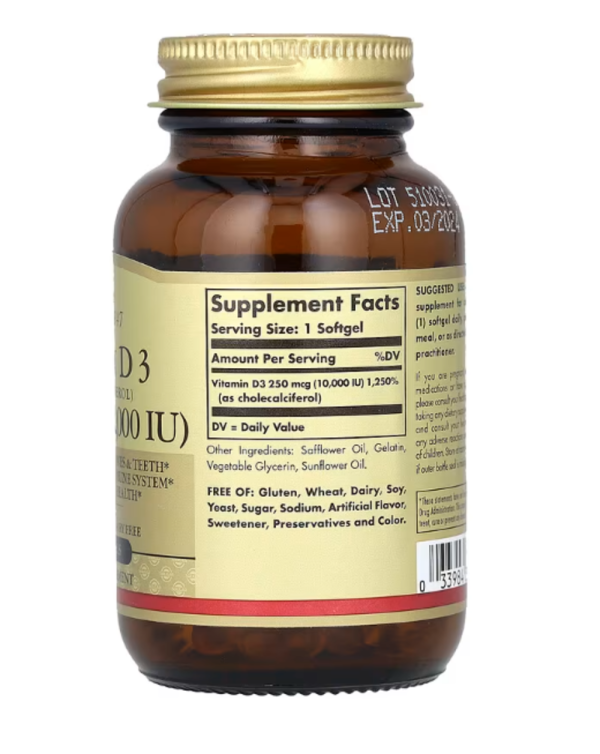 Solgar, Vitamin D3 (Cholecalciferol), 250 mcg (10,000 IU), 120 Softgels