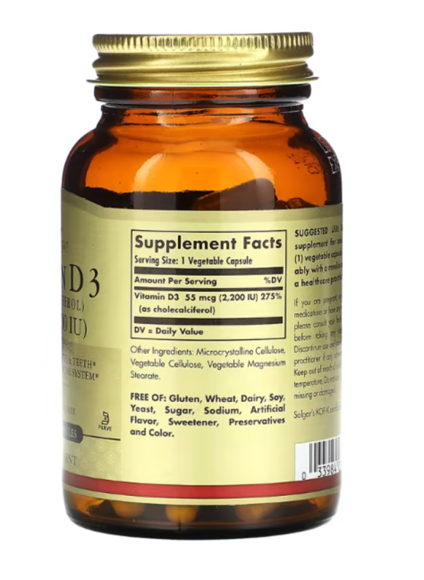 Solgar, Vitamin D3 (Cholecalciferol), 55 mcg (2,200 IU), 100 Vegetable Capsules