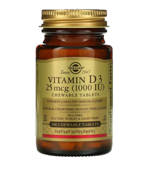 Solgar, Vitamin D3, Natural Strawberry Banana Swirl, 25 mcg (1,000 IU), 100 Chewable Tablets