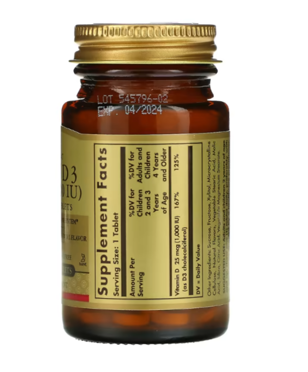 Solgar, Vitamin D3, Natural Strawberry Banana Swirl, 25 mcg (1,000 IU), 100 Chewable Tablets