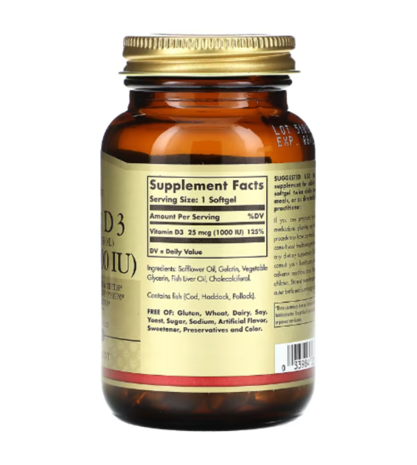 Solgar, Vitamin D 3 (Cholecalciferol), 25 mcg (1,000 IU), 100 Softgels