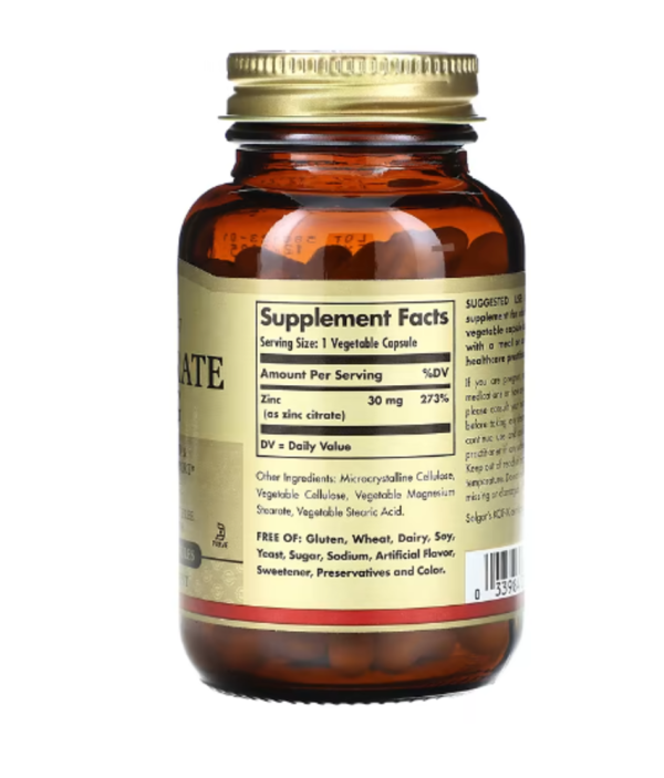 Solgar, Zinc Citrate, 30 mg, 100 Vegetable Capsules