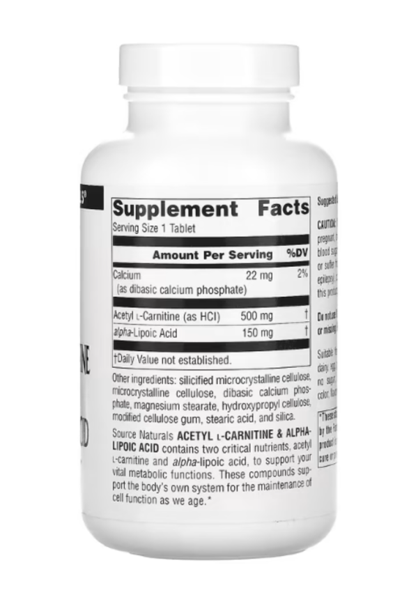 Source Naturals, Acetyl L-Carnitine & Alpha-Lipoic Acid, 650 mg, 120 Tablets