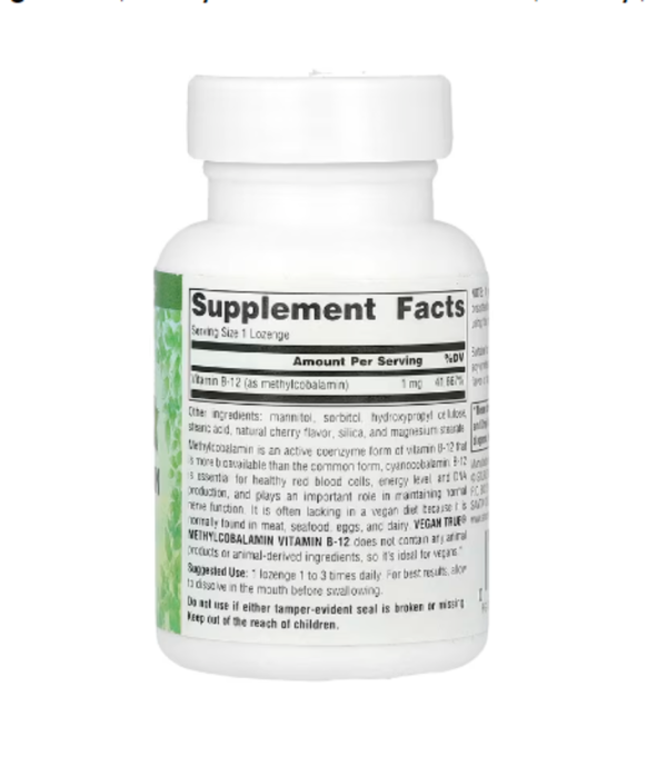 Source Naturals, Vegan True, MethylCobalamin Vitamin B-12, Cherry , 1 mg, 60 Lozenges