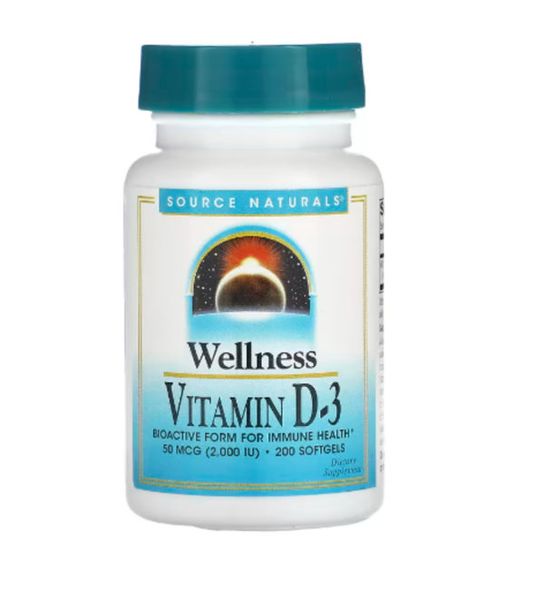 Source Naturals, Wellness, Vitamin D-3, 50 mcg (2,000 IU), 200 Softgels