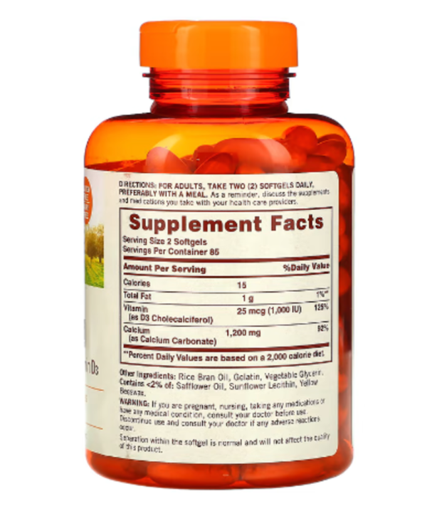 Sundown Naturals, Calcium Plus Vitamin D3, 1,200 mg, 170 Softgels (600 mg per Softgel)