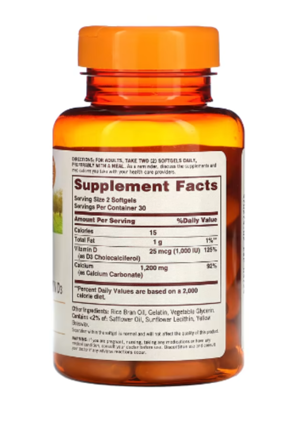 Sundown Naturals, Calcium, Plus Vitamin D3, 1,200 mg, 60 Softgels (600 mg per Softgel)