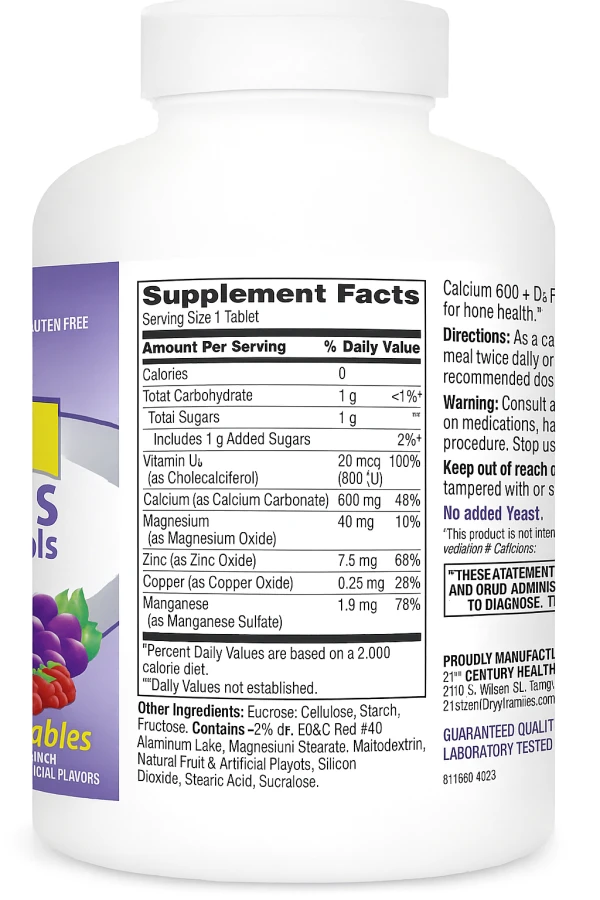 21st Century, 600 + D3 Plus Minerals, Fruit Punch, 75 Chewable Tablets