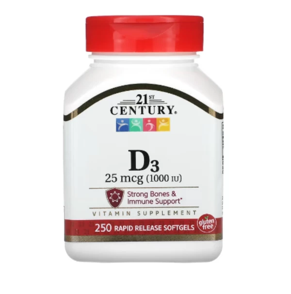 21st Century, Vitamin D3, 25 mcg (1,000 IU), 250 Rapid Release Softgels