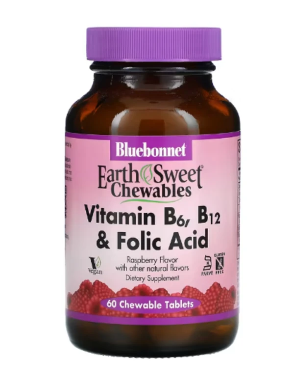Bluebonnet Nutrition, Earth Sweet Chewables, Vitamin B6, B12 & Folic Acid, Raspberry, 60 Chewable Tablets