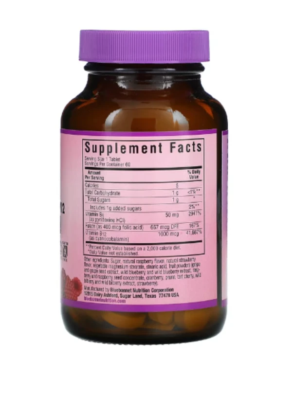 Bluebonnet Nutrition, Earth Sweet Chewables, Vitamin B6, B12 & Folic Acid, Raspberry, 60 Chewable Tablets