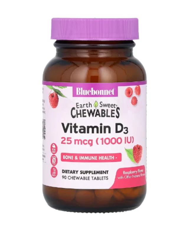 Bluebonnet Nutrition, Earth Sweet Chewables, Vitamin D3, Raspberry, 25 mcg (1,000 IU), 90 Chewable Tablets