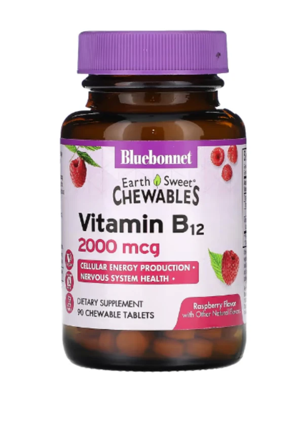 Bluebonnet Nutrition, EarthSweet Chewables, Vitamin B12, Raspberry , 2,000 mcg, 90 Chewable Tablets