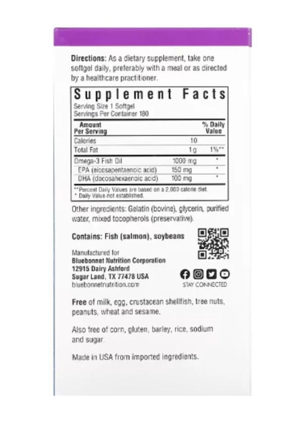 Bluebonnet Nutrition, Omega-3 Salmon Fish Oil, 1,000 mg, 180 Softgels