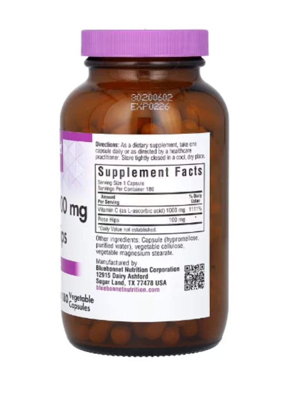 Bluebonnet Nutrition, Vitamin C & Rose Hips, 1,000 mg, 180 Vegetable Capsules