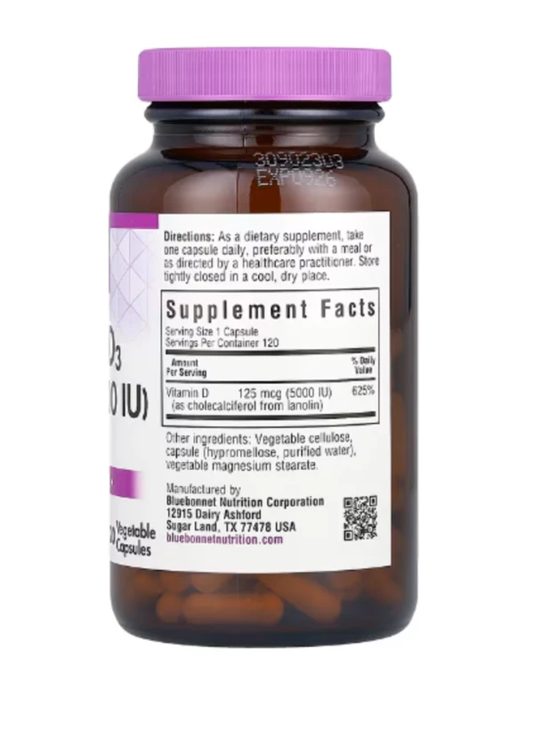 Bluebonnet Nutrition, Vitamin D3, 125 mcg (5,000 IU), 120 Vegetable Capsules