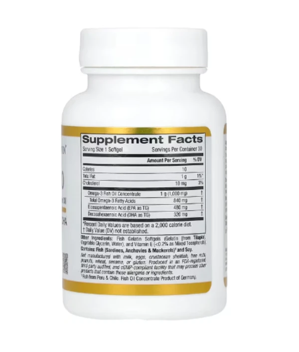 California Gold Nutrition, Omega 800 Ultra-Concentrated Omega-3 Fish Oil, kd-pur Triglyceride Form, 1,000 mg, 30 Fish Gelatin Softgels