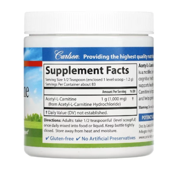 Carlson, Acetyl L-Carnitine Powder, Free-Form Amino Acid, 3.53 oz (100 g)