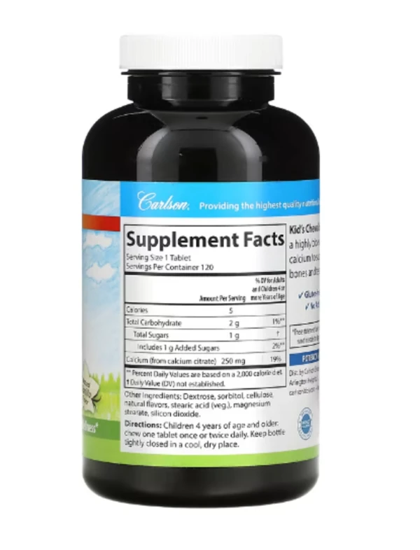 Carlson, Kid's, Chewable Calcium, Natural Vanilla, 250 mg, 120 Tablets