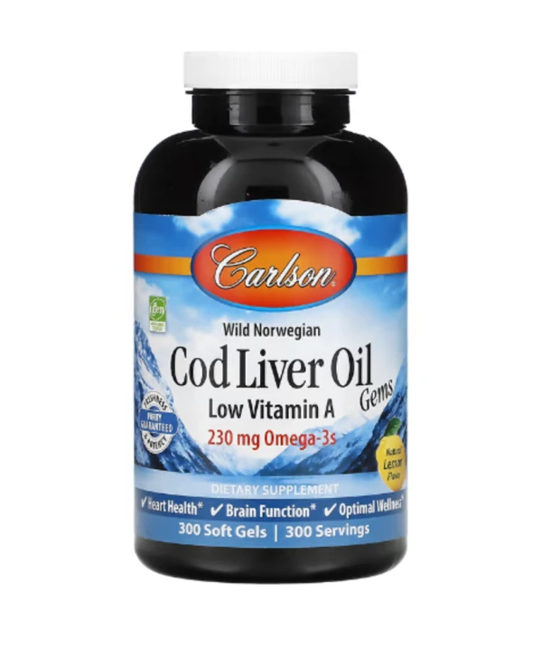Carlson, Wild Norwegian, Cod Liver Oil Gems, Low Vitamin A, Natural Lemon, 230 mg, 300 Soft Gels