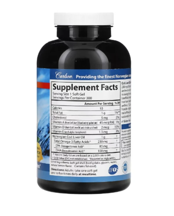 Carlson, Wild Norwegian, Cod Liver Oil Gems, Low Vitamin A, Natural Lemon, 230 mg, 300 Soft Gels