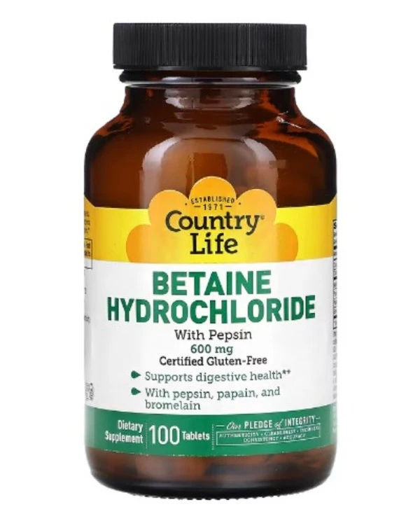 Country Life, Betaine Hydrochloride with Pepsin, 600 mg, 100 Tablets