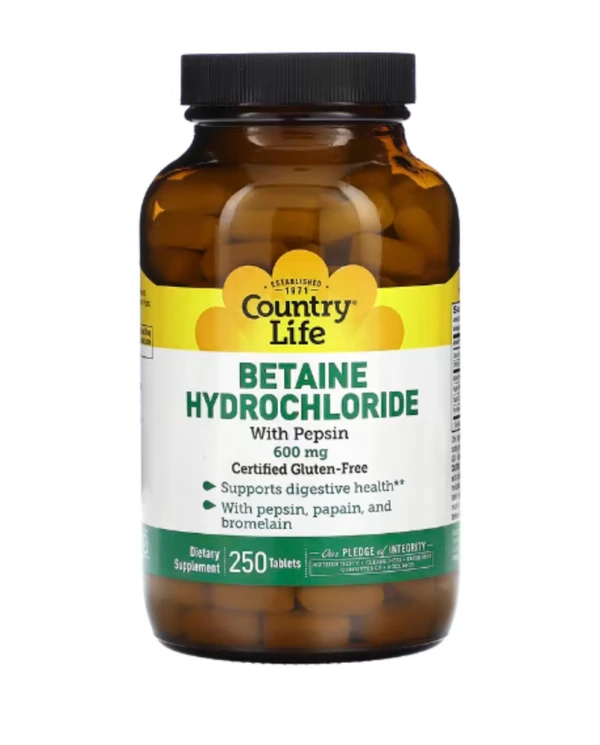 Country Life, Betaine Hydrochloride with Pepsin, 600 mg, 250 Tablets