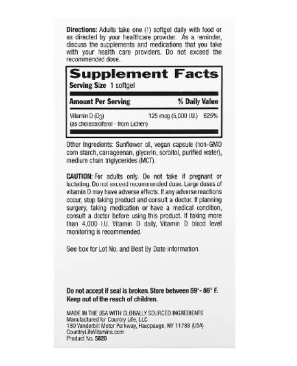 Country Life, Certified Vegan D3, 125 mcg (5,000 IU), 30 Vegan Softgels