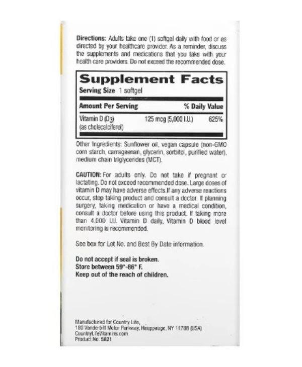 Country Life, Certified Vegan D3, 125 mcg (5,000 IU), 60 Vegan Softgels