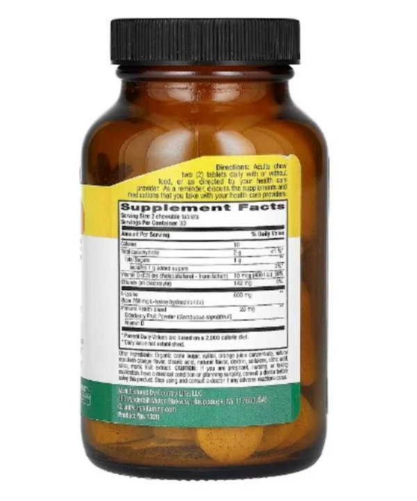 Country Life, Chewable L-Lysine With Vitamin D and Elderberry, Tangy Orange Twist, 600 mg, 60 Chewable Tablets (300 mg per Tablet)