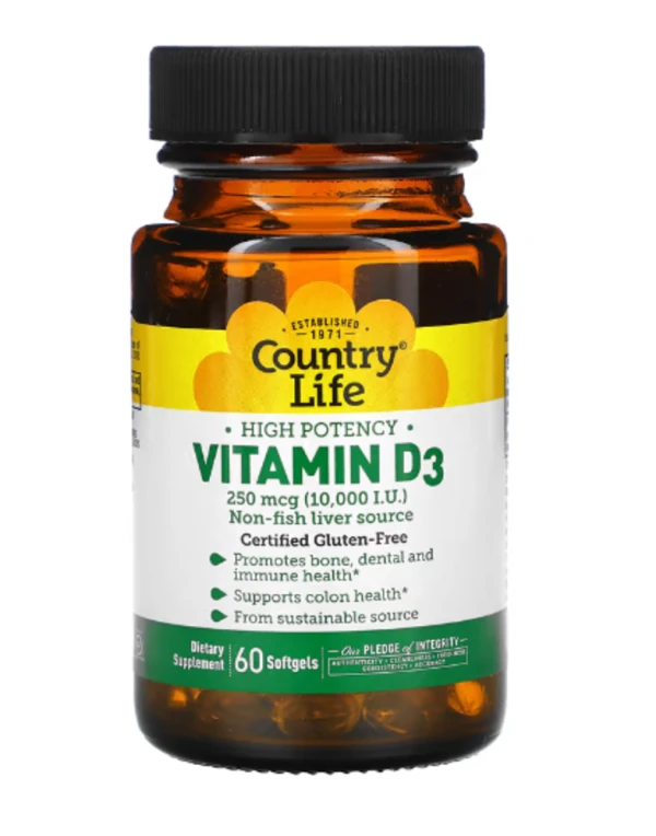 Country Life, High Potency Vitamin D3, 250 mcg (10,000 IU), 60 Softgels