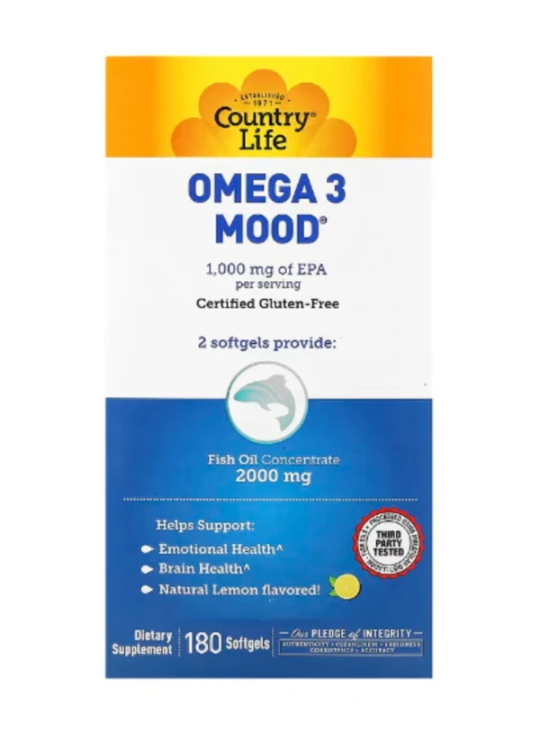 Country Life, Omega 3 Mood, Natural Lemon, 180 Softgels