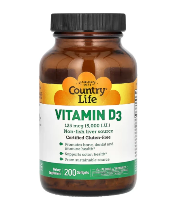 Country Life, Vitamin D3, 125 mcg (5,000 IU), 200 Softgels