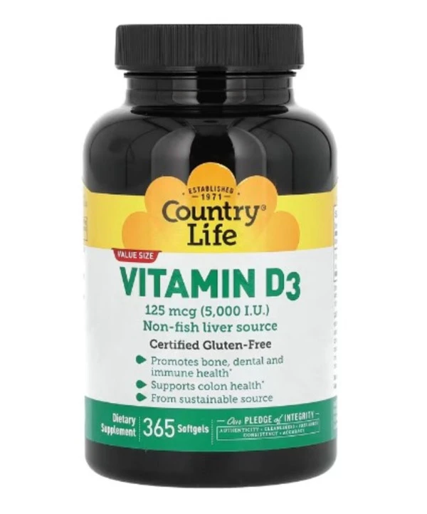 Country Life, Vitamin D3, 125 mcg (5,000 lU), 365 Softgels