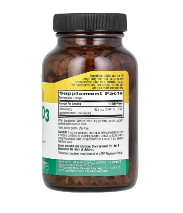 Country Life, Vitamin D3, 62.5 mcg (2,500 I.U.), 200 Softgels