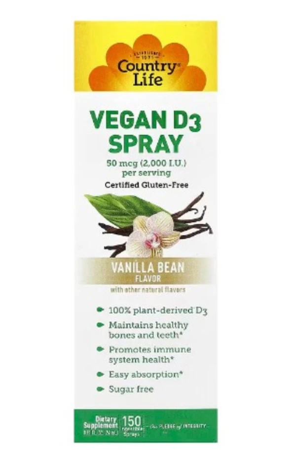 Country Life, Vitamin D3 Spray, Vanilla Bean, 50 mcg (2,000 IU), 150 Ingestible Sprays, 0.81 fl oz (24 ml)
