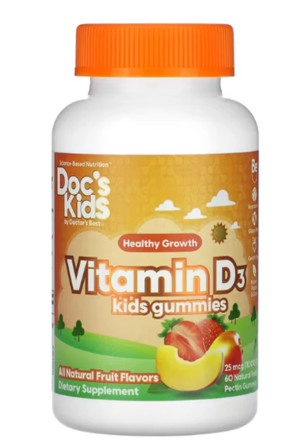 Doctor's Best, Doc's Kids, Vitamin D3 Kids Gummies, All Natural Fruit, 25 mcg (1,000 IU), 60 Natural Fruit Pectin Gummies