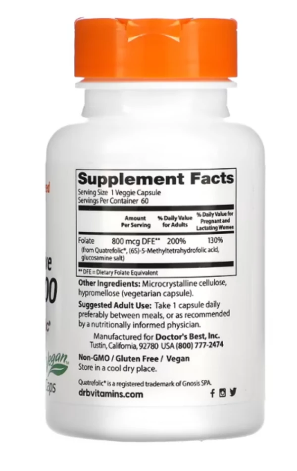 Doctor's Best, Fully Active Folate 800 with Quatrefolic, 800 mcg, 60 Veggie Caps