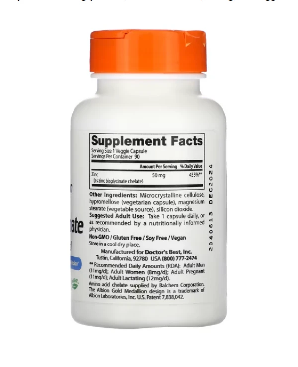 Doctor's Best, High Absorption Zinc Bisglycinate, 100% Chelated, 50 mg, 90 Veggie Caps
